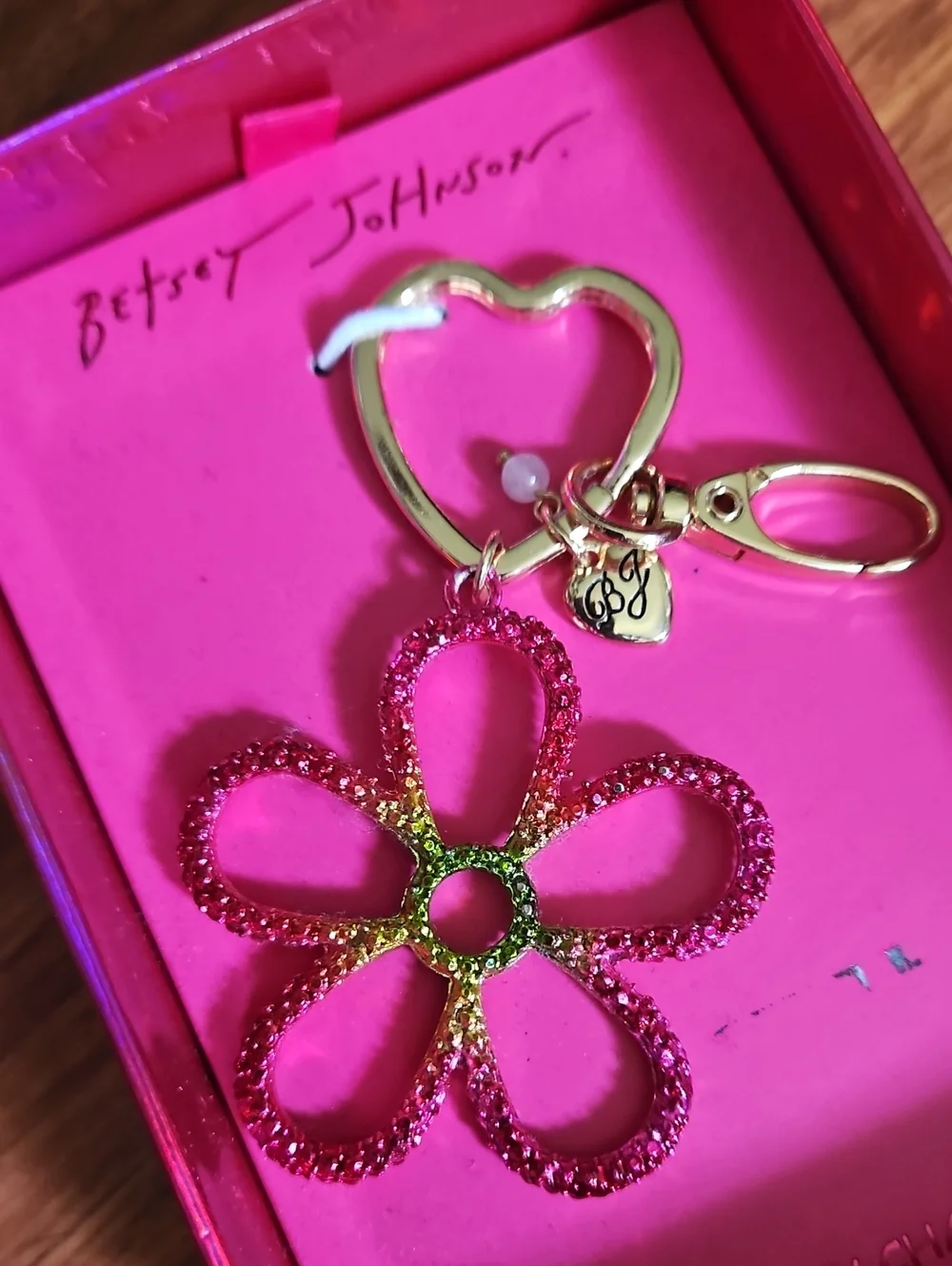 Betsey Johnson Flower Bag Charm Keychain Pink Green Gold-tone
